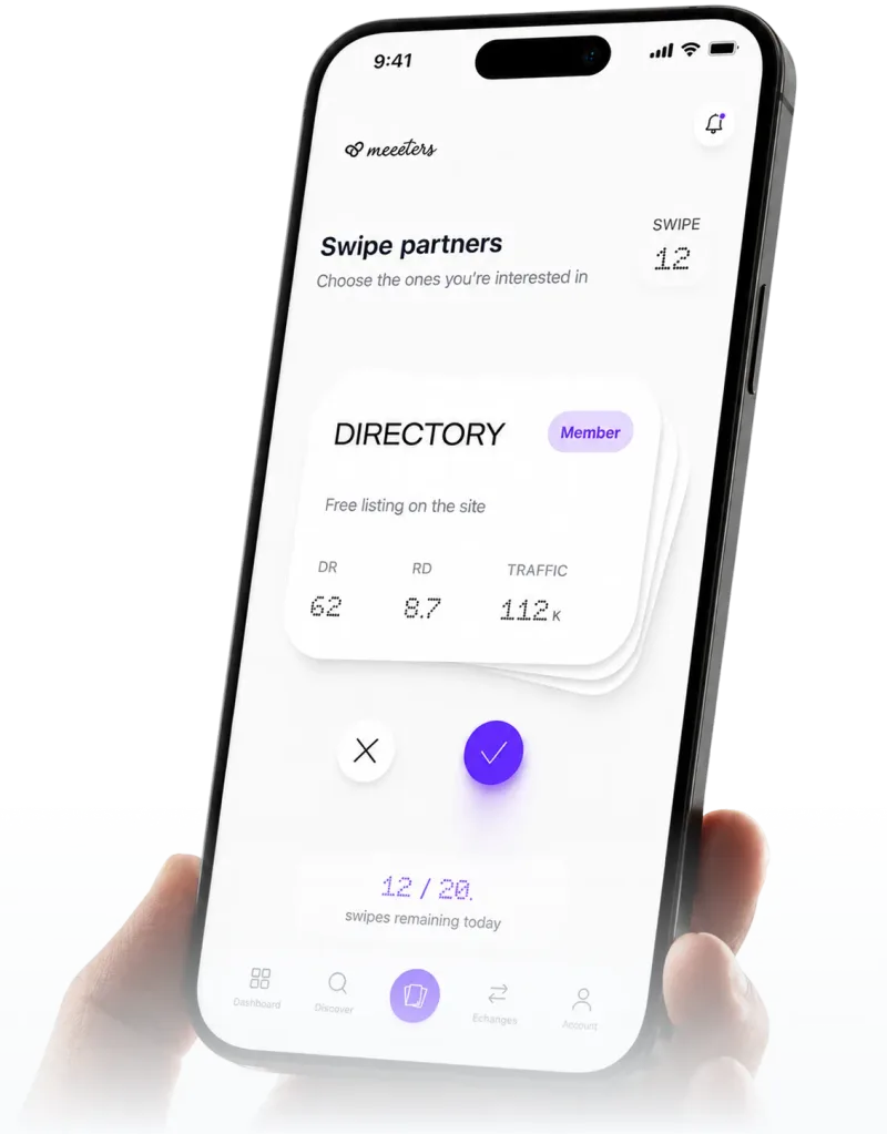 Meeeters app: swipe through relevant partner sites to earn verified dofollow backlinks