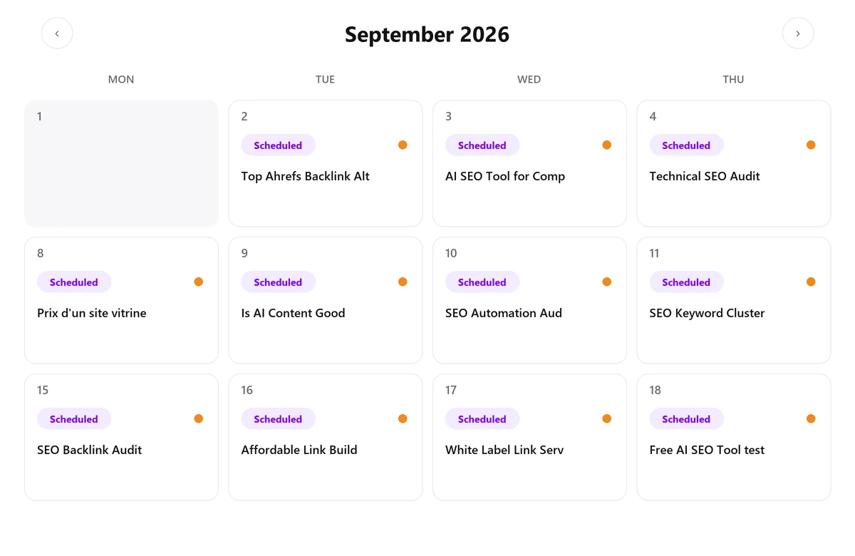 Meeeters content calendar: a month of scheduled SEO articles, one publish per weekday